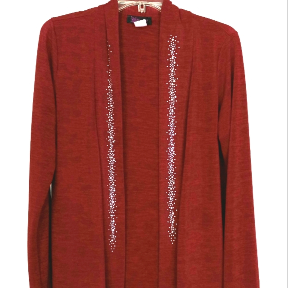 Agenda size M maroon sparkly trim open cardigan